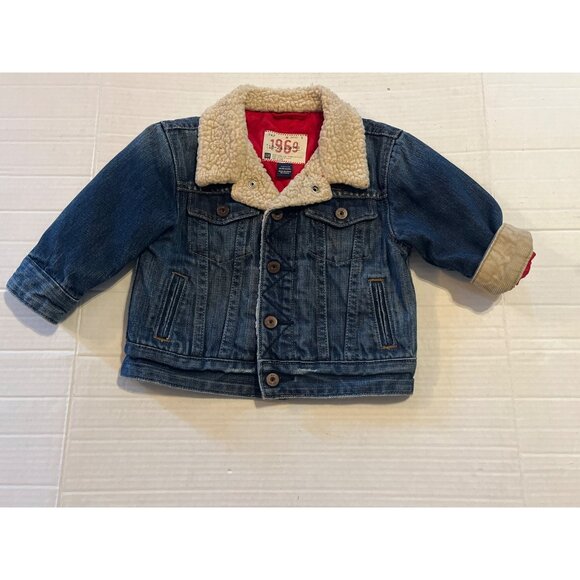 Gap Toddler Moto Club Denim Jacket Sherpa Collar Red Quilted Lining 18-24 Months - Picture 3 of 10